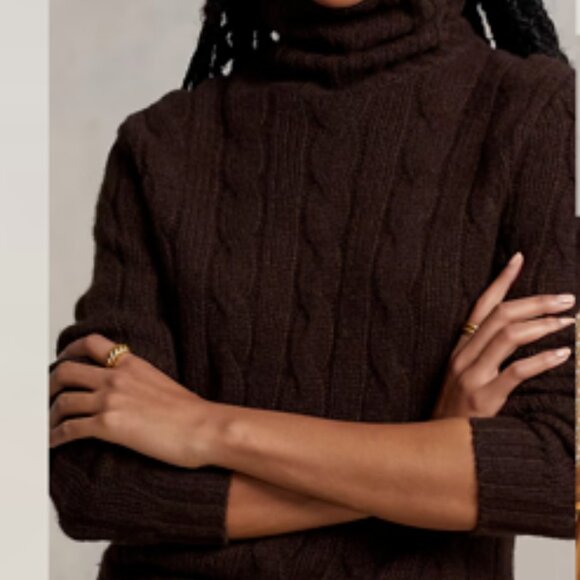 POLO Ralph Lauren 100% Cable-knit Cashmere Chocolate Brown Turtleneck - Picture 2 of 9